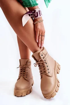 Outlet Boto Damskie Botki Trapery Ocieplane Beżowe Flavin Beżowy