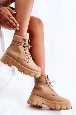 Outlet Boto Damskie Botki Trapery Ocieplane Beżowe Flavin Beżowy