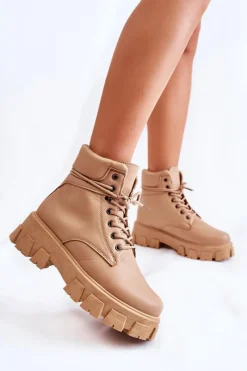 Outlet Boto Damskie Botki Trapery Ocieplane Beżowe Flavin Beżowy