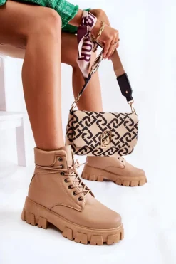 Outlet Boto Damskie Botki Trapery Ocieplane Beżowe Flavin Beżowy