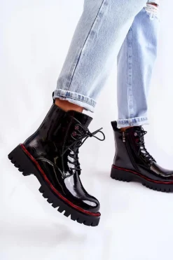 Discount Damskie buty S.Barski Damskie Botki Trapery Wiązane Czarne Sherill