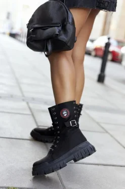 Outlet Damskie Botki Trapery Workery Czarne Monope Damskie Damskie Trapery|Botki Sznurowane