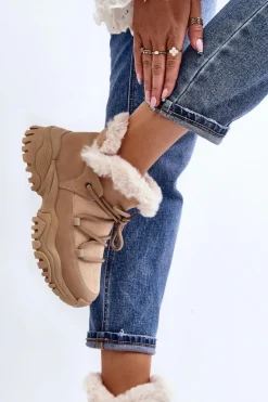 New Damskie Botki Trapery Z Futerkiem Beżowe Cresandi Damskie Botki Ocieplane|Damskie Trapery