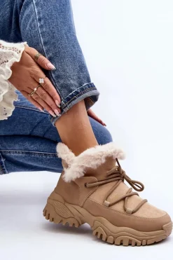 New Damskie Botki Trapery Z Futerkiem Beżowe Cresandi Damskie Botki Ocieplane|Damskie Trapery