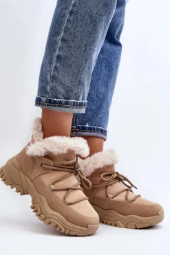New Damskie Botki Trapery Z Futerkiem Beżowe Cresandi Damskie Botki Ocieplane|Damskie Trapery