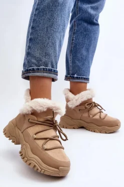 New Damskie Botki Trapery Z Futerkiem Beżowe Cresandi Damskie Botki Ocieplane|Damskie Trapery