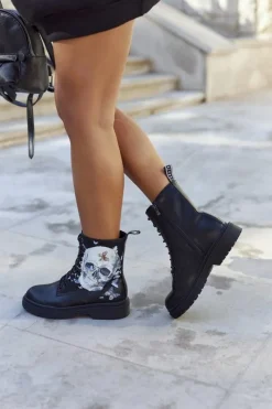 Sale Damskie Botki Trapery z Printem II2N4045 Czarne Damskie Botki Sznurowane|Czarne Botki
