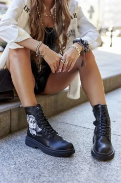 New GOE Damskie Botki Trapery z Printem II2N4046 Czarne