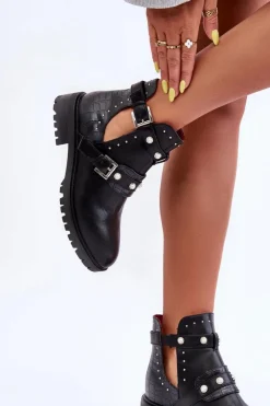 Online Boto Damskie Botki Trapery Z Perełkami Czarne Klarisa