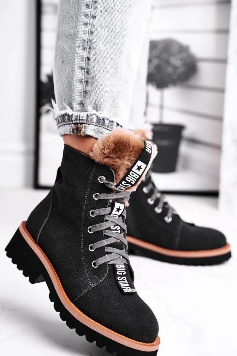 Hot Big Star Shoes Damskie Botki Trapery Zamszowe Big Star Szare GG274903