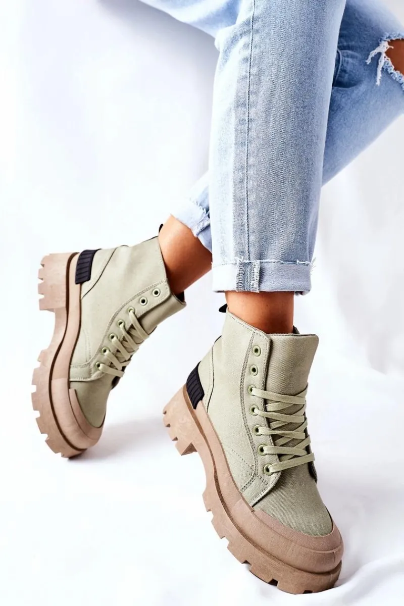 Hot Damskie Botki Trapery Zielone Any One Damskie Botki Sznurowane|Czarne Botki