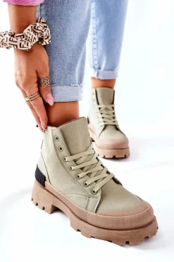 Hot Damskie Botki Trapery Zielone Any One Damskie Botki Sznurowane|Czarne Botki