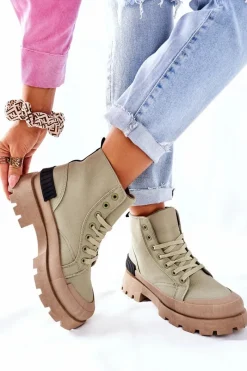 Hot Damskie Botki Trapery Zielone Any One Damskie Botki Sznurowane|Czarne Botki