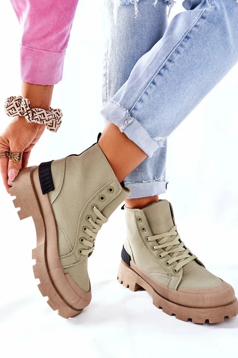 Hot Damskie Botki Trapery Zielone Any One Damskie Botki Sznurowane|Czarne Botki