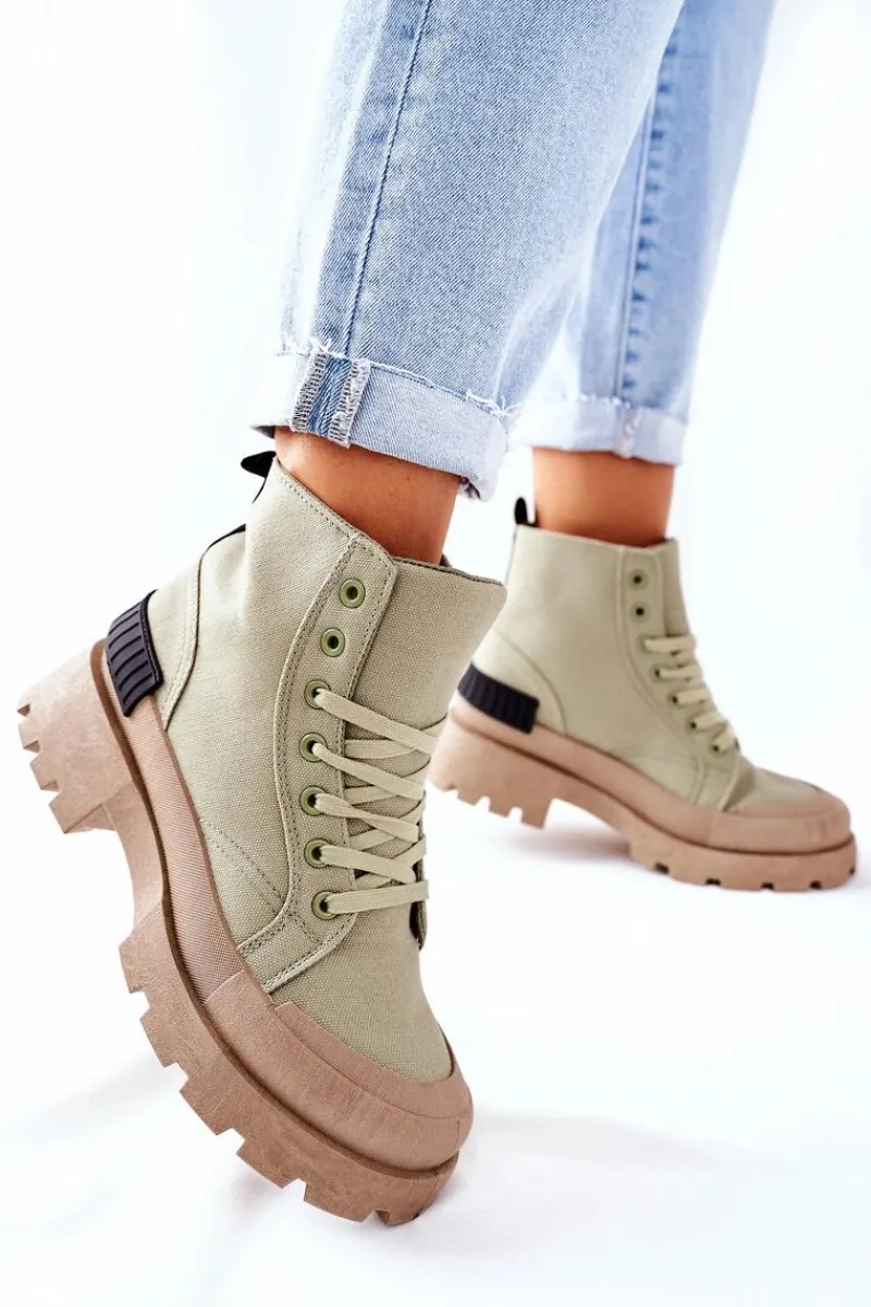 Hot Damskie Botki Trapery Zielone Any One Damskie Botki Sznurowane|Czarne Botki