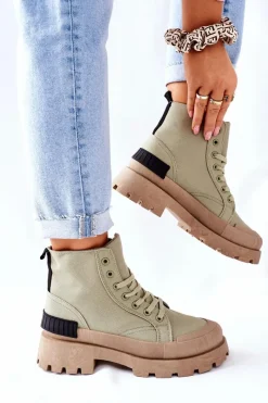 Hot Damskie Botki Trapery Zielone Any One Damskie Botki Sznurowane|Czarne Botki