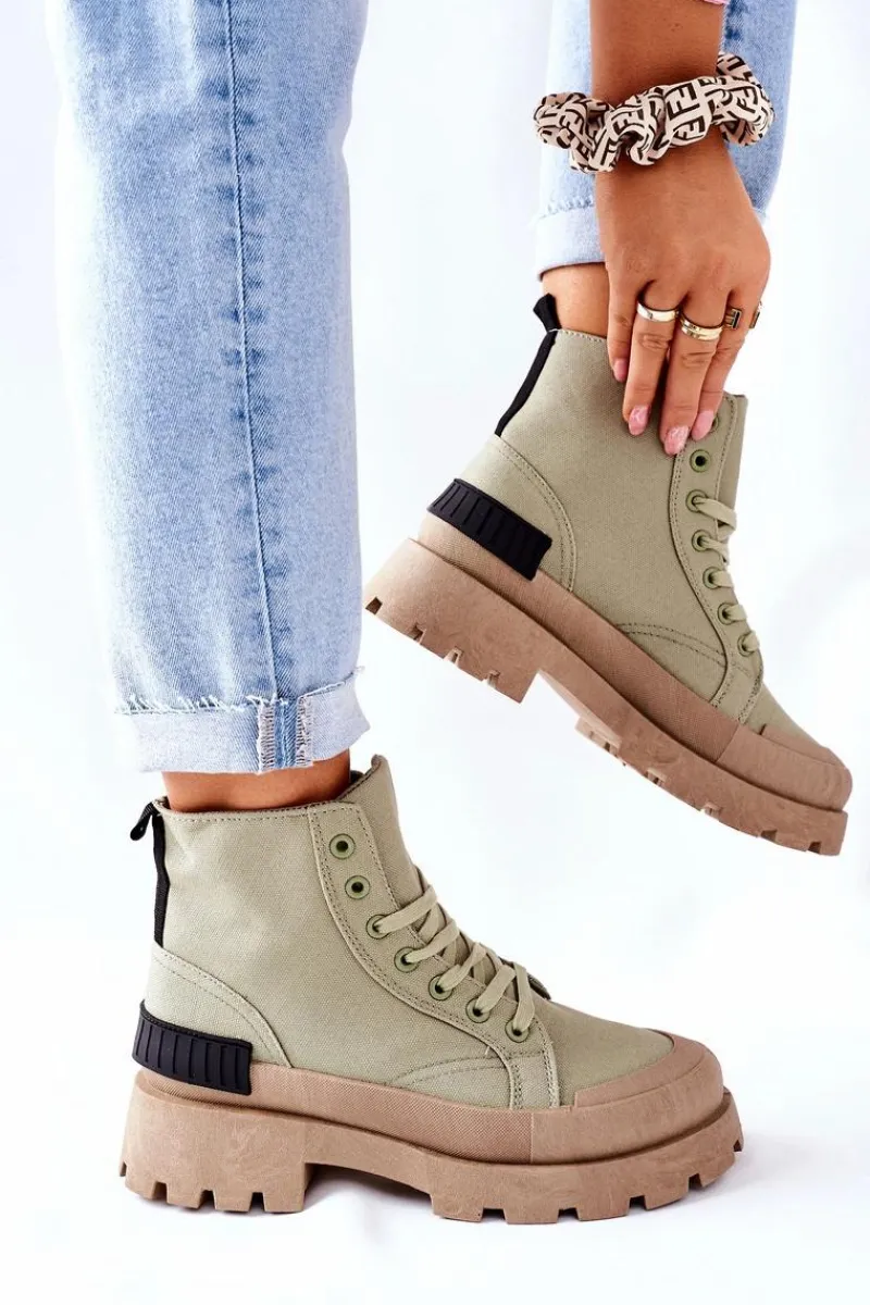 Hot Damskie Botki Trapery Zielone Any One Damskie Botki Sznurowane|Czarne Botki