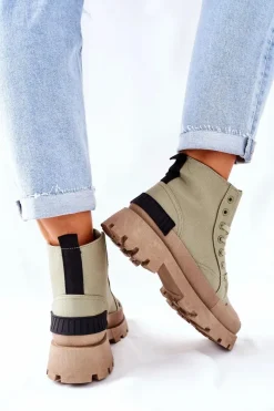 Hot Damskie Botki Trapery Zielone Any One Damskie Botki Sznurowane|Czarne Botki