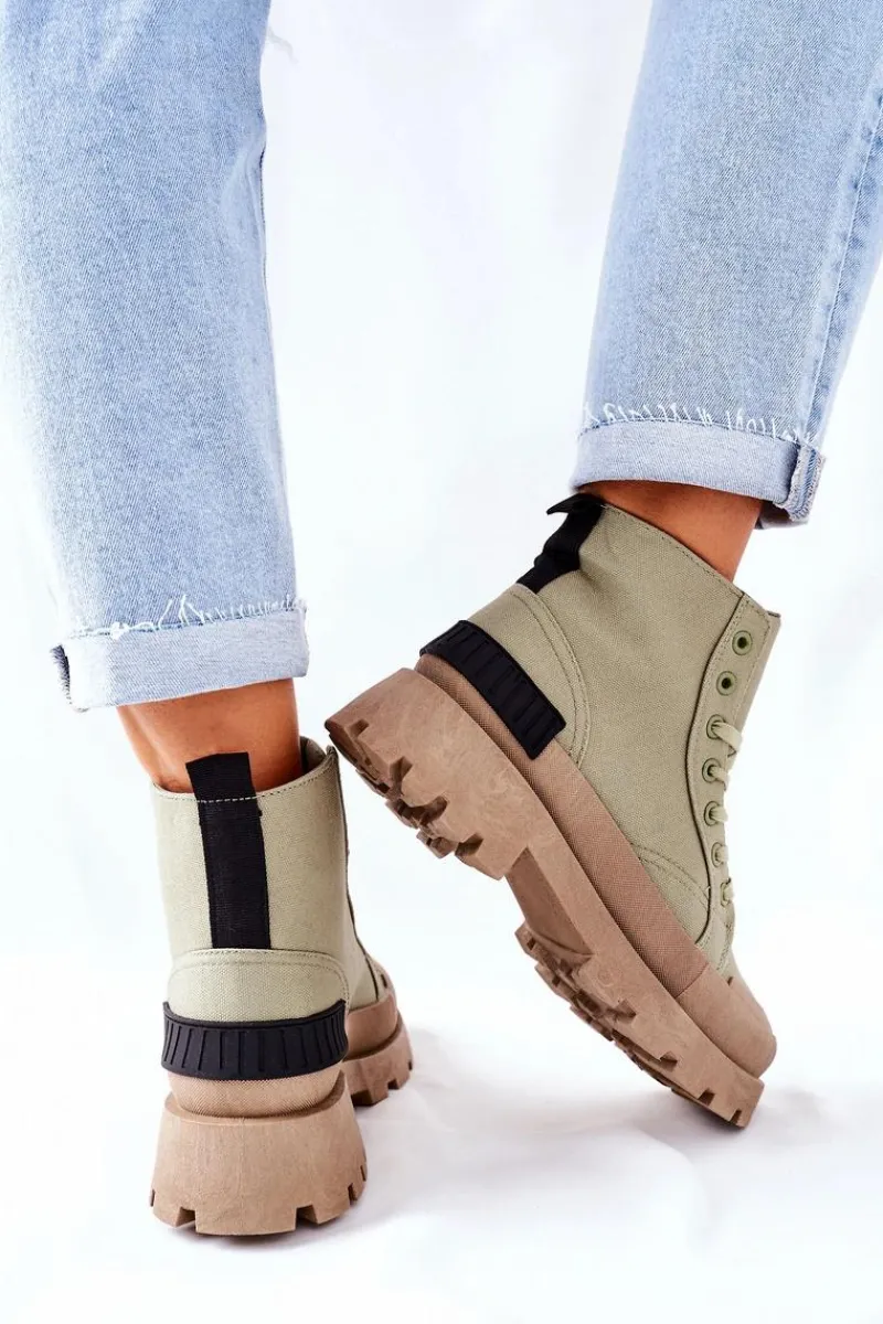 Hot Damskie Botki Trapery Zielone Any One Damskie Botki Sznurowane|Czarne Botki