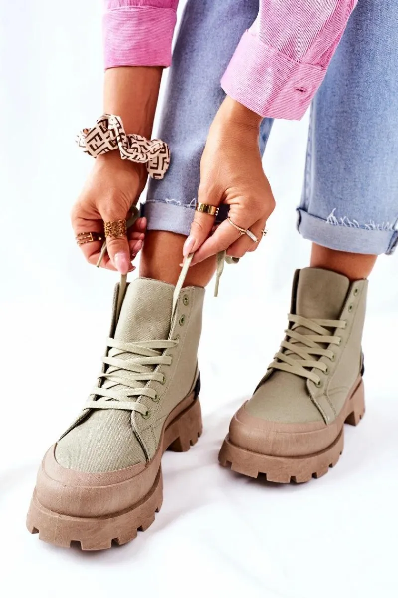 Hot Damskie Botki Trapery Zielone Any One Damskie Botki Sznurowane|Czarne Botki