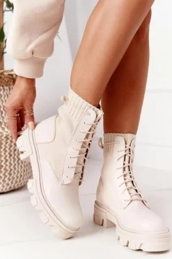 Best Damskie Botki Workery Beżowe My Need Damskie Damskie Trapery|Botki Sznurowane