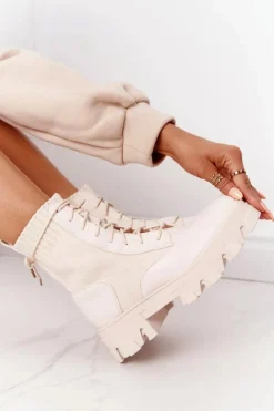 Best Damskie Botki Workery Beżowe My Need Damskie Damskie Trapery|Botki Sznurowane