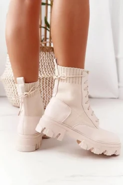 Best Damskie Botki Workery Beżowe My Need Damskie Damskie Trapery|Botki Sznurowane