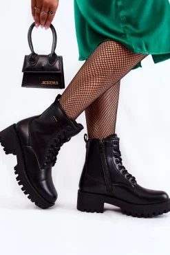 Discount Damskie Botki Workery KK2R4070C Czarne Damskie Botki Sznurowane|Czarne Botki