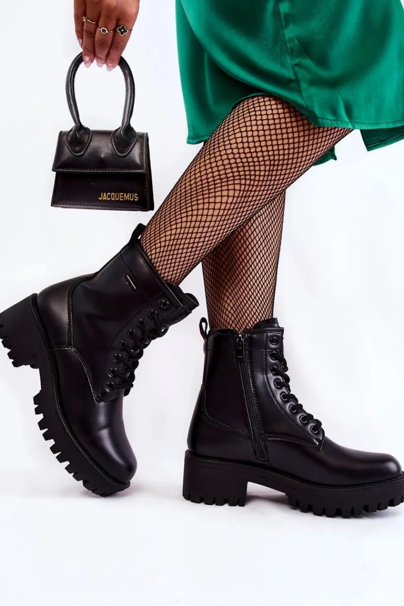 Discount Damskie Botki Workery KK2R4070C Czarne Damskie Botki Sznurowane|Czarne Botki