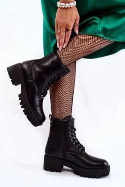 Discount Damskie Botki Workery KK2R4070C Czarne Damskie Botki Sznurowane|Czarne Botki