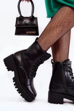 Discount Damskie Botki Workery KK2R4070C Czarne Damskie Botki Sznurowane|Czarne Botki
