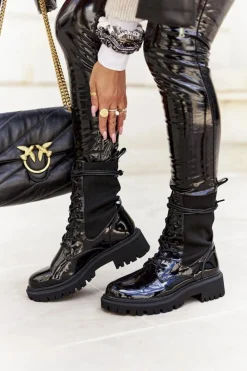 New Damskie Botki Workery Lakierowane Czarne Maxine Damskie Botki Sznurowane|Czarne Botki