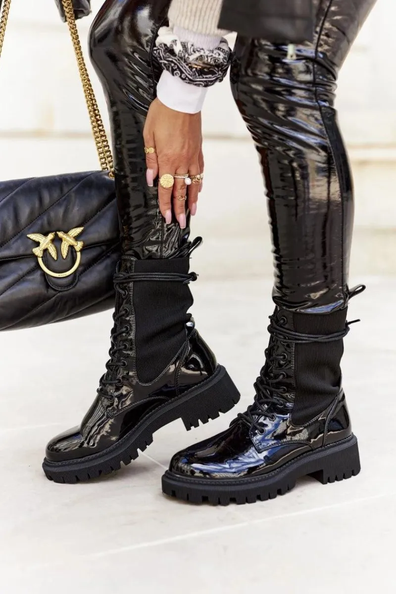 New Damskie Botki Workery Lakierowane Czarne Maxine Damskie Botki Sznurowane|Czarne Botki