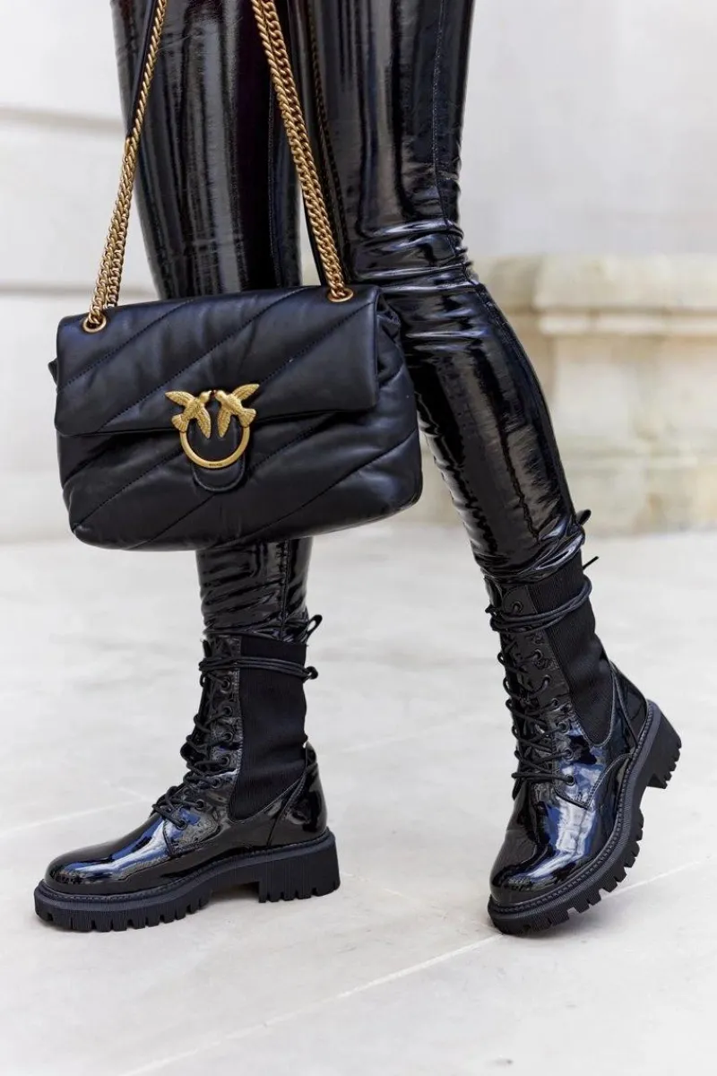 New Damskie Botki Workery Lakierowane Czarne Maxine Damskie Botki Sznurowane|Czarne Botki