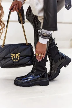 New Damskie Botki Workery Lakierowane Czarne Maxine Damskie Botki Sznurowane|Czarne Botki