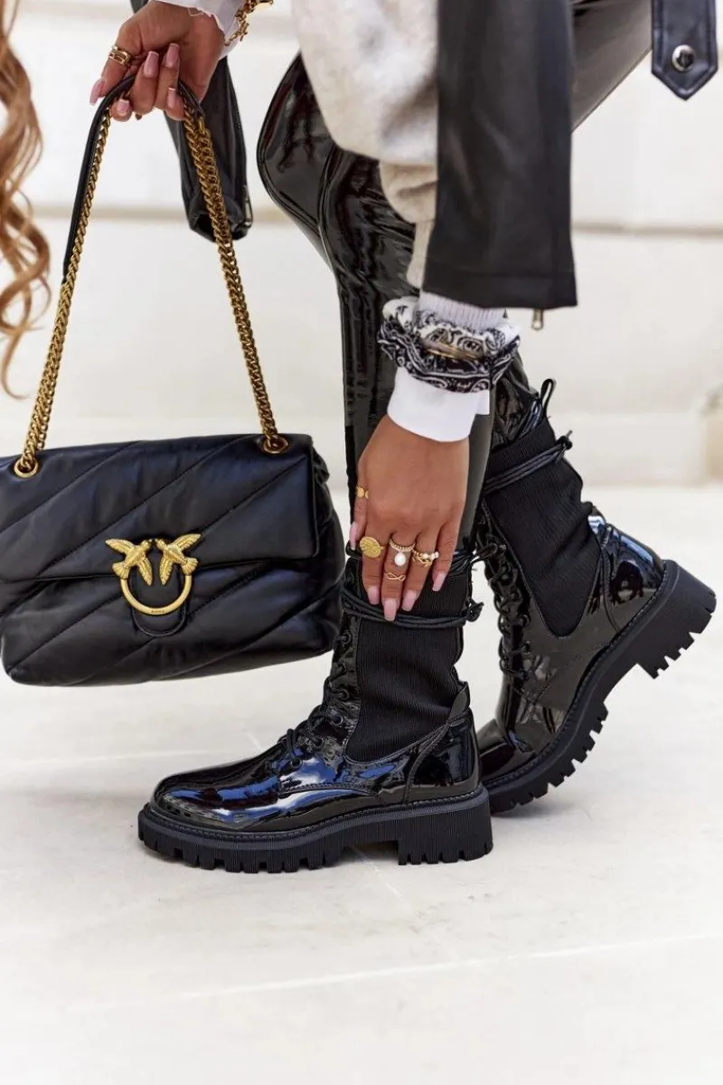 New Damskie Botki Workery Lakierowane Czarne Maxine Damskie Botki Sznurowane|Czarne Botki