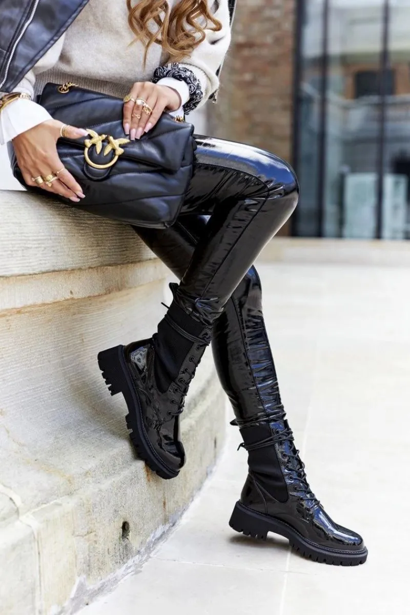 New Damskie Botki Workery Lakierowane Czarne Maxine Damskie Botki Sznurowane|Czarne Botki