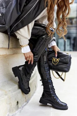 New Damskie Botki Workery Lakierowane Czarne Maxine Damskie Botki Sznurowane|Czarne Botki