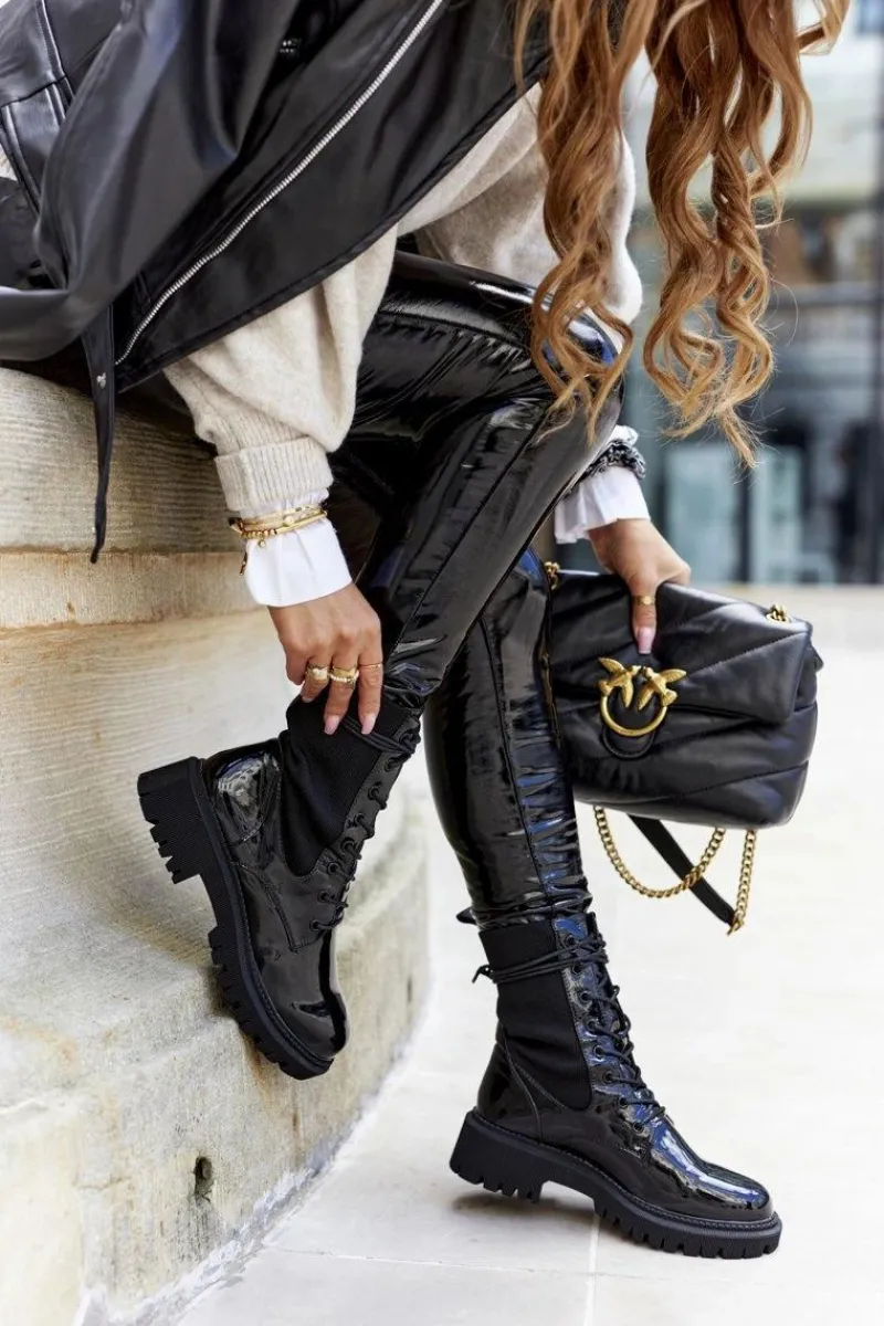 New Damskie Botki Workery Lakierowane Czarne Maxine Damskie Botki Sznurowane|Czarne Botki