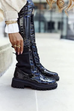 New Damskie Botki Workery Lakierowane Czarne Maxine Damskie Botki Sznurowane|Czarne Botki
