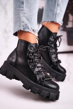Clearance Boto Damskie Botki Workery Na Platformie Czarne Chain