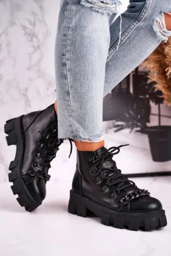 Clearance Boto Damskie Botki Workery Na Platformie Czarne Chain
