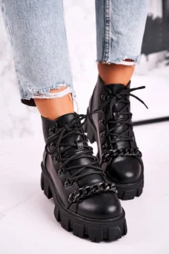 Clearance Boto Damskie Botki Workery Na Platformie Czarne Chain