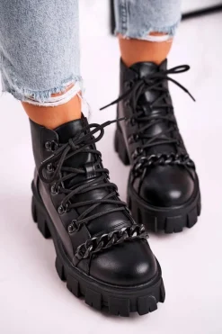 Clearance Boto Damskie Botki Workery Na Platformie Czarne Chain