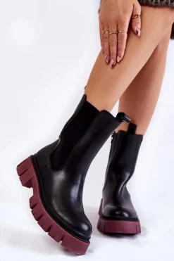 Online Evento Damskie Botki Workery Na Platformie Czarno-Bordowe Aliana
