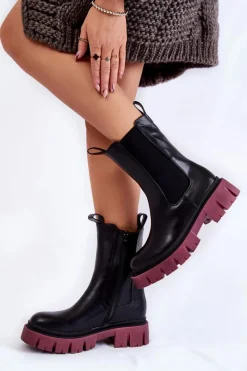 Online Evento Damskie Botki Workery Na Platformie Czarno-Bordowe Aliana