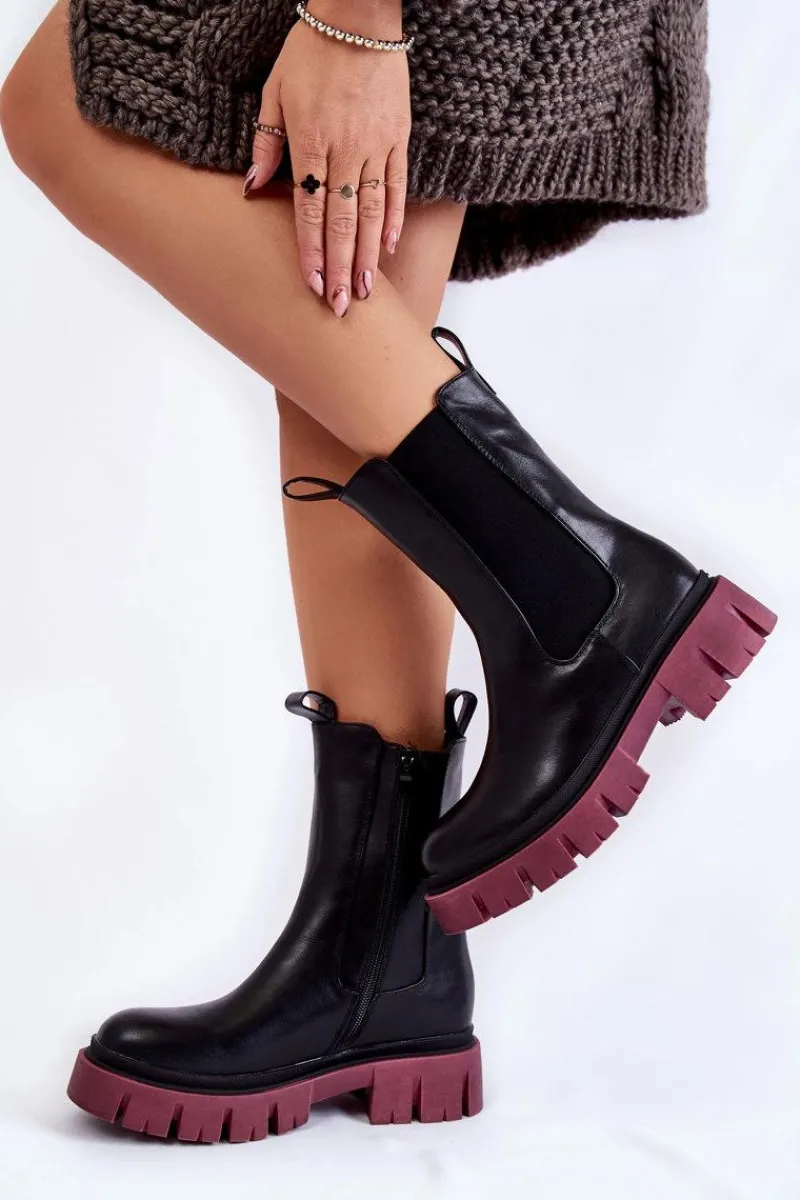 Online Evento Damskie Botki Workery Na Platformie Czarno-Bordowe Aliana
