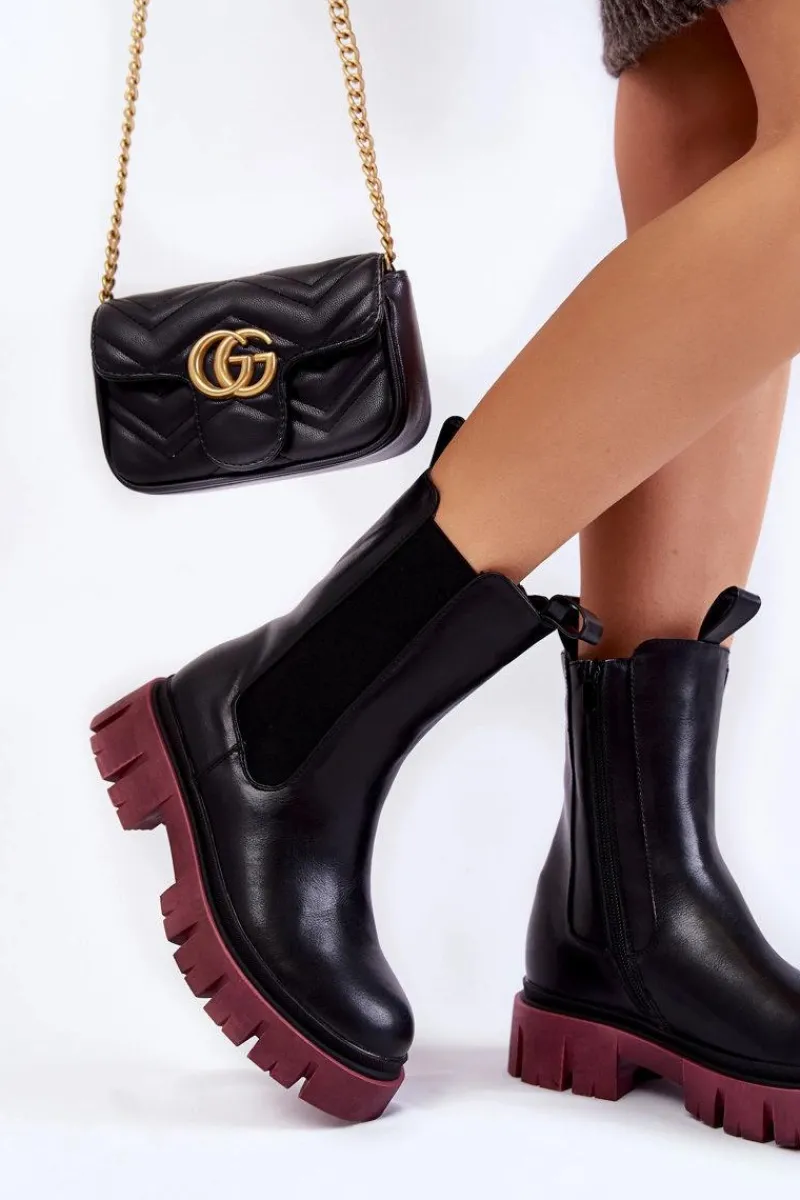 Online Evento Damskie Botki Workery Na Platformie Czarno-Bordowe Aliana