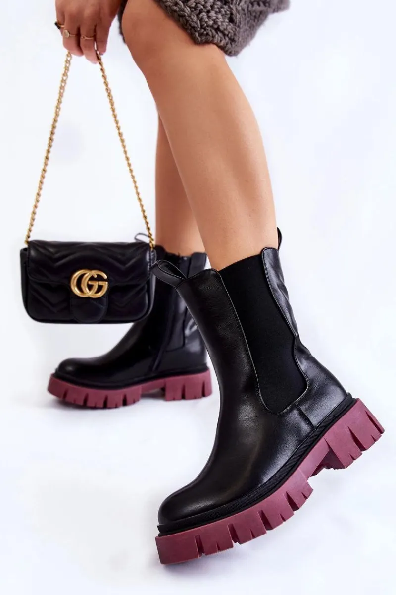 Online Evento Damskie Botki Workery Na Platformie Czarno-Bordowe Aliana