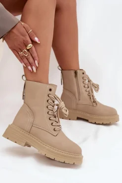Hot Boto Damskie Botki Workery Na Zamek Beżowe Tirina Beżowy